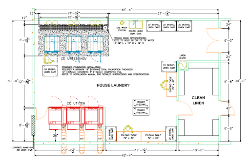 Map of commercial laundry design layout with schematics and exact measurements. Line drawing